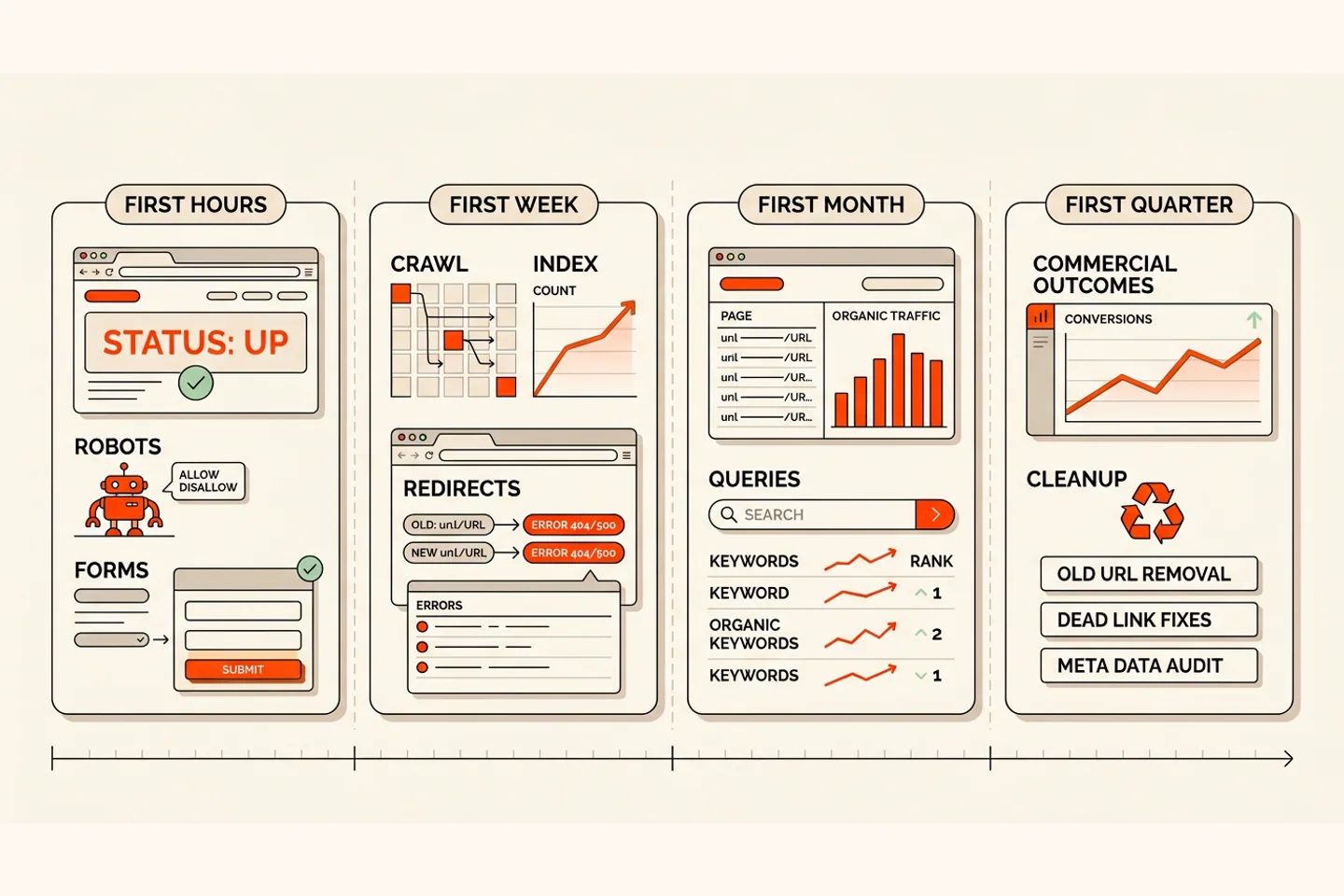 Website migration monitoring across the first hours, week, month and quarter.