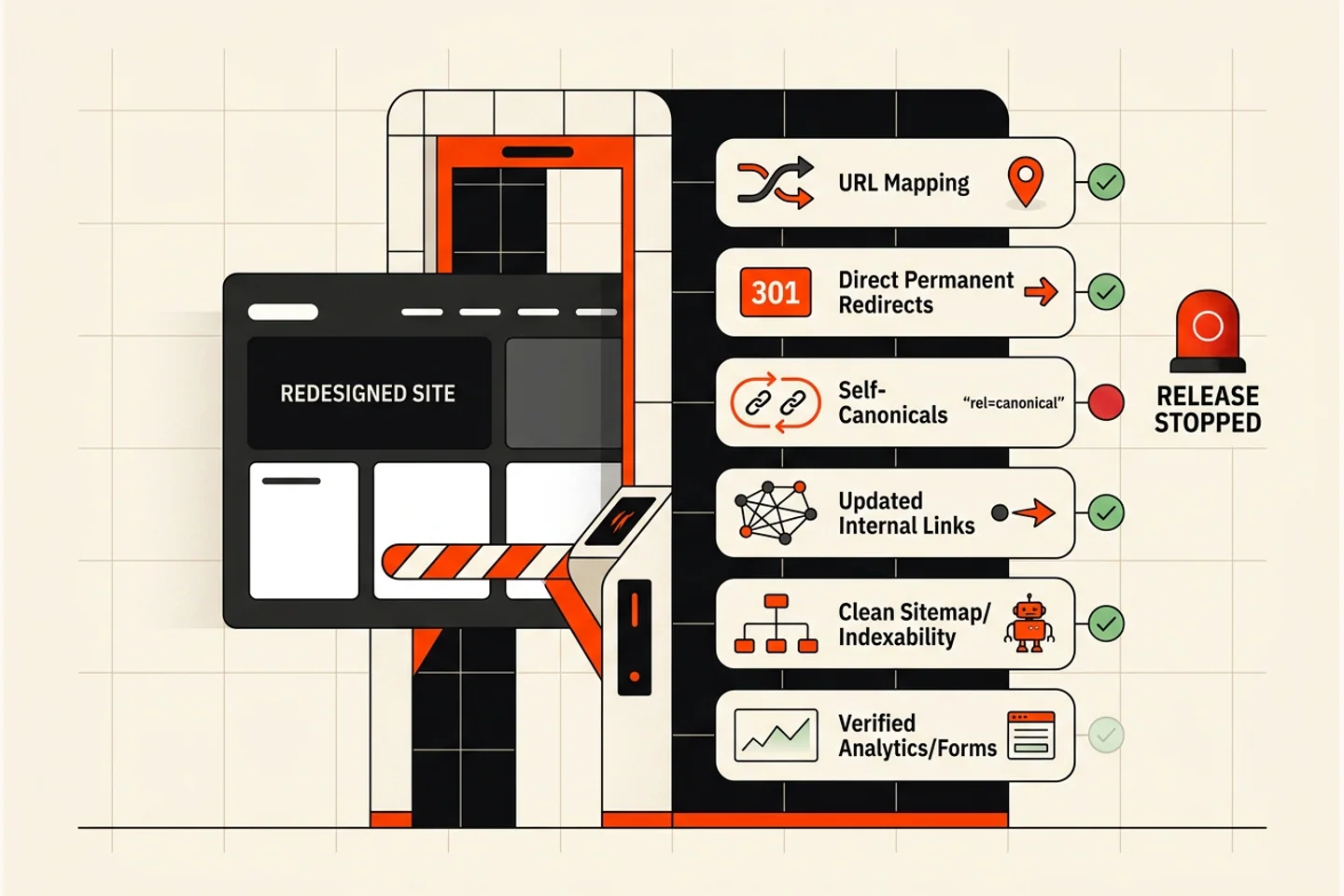 SEO redesign launch gate checking redirects, canonicals, links, sitemap and analytics.