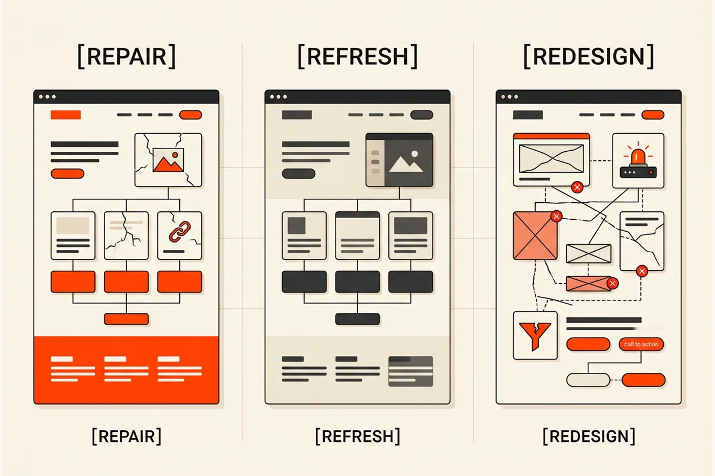 Decision framework comparing targeted repair, visual refresh and full redesign.
