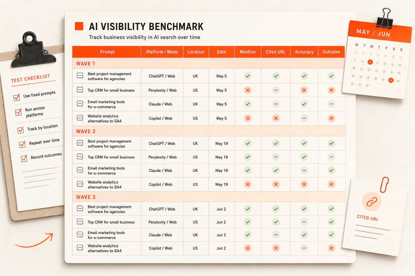 Repeatable AI visibility benchmark tracking prompts, citations and accuracy across waves.